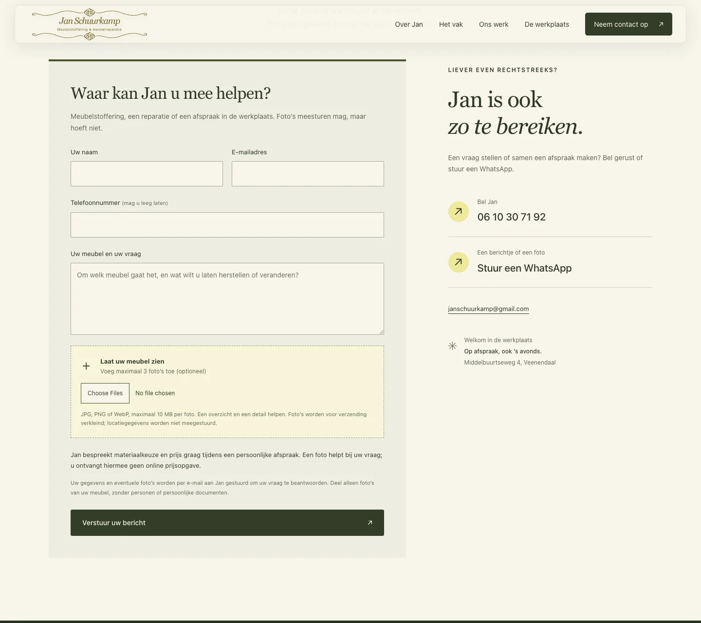 Het contactgedeelte van de live website, met formulier, optionele meubelfoto’s en directe contactmogelijkheden