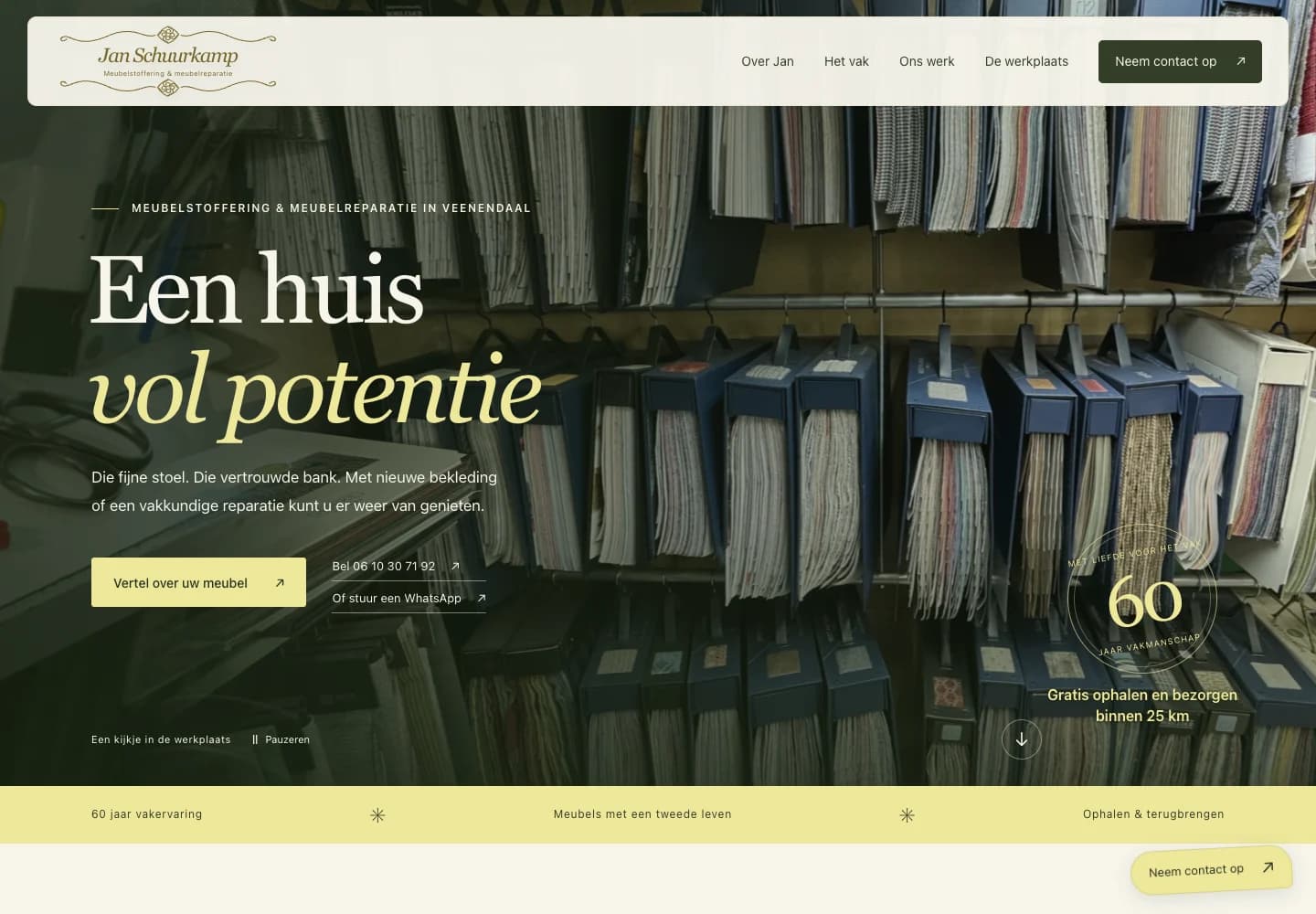 De website van Jan Schuurkamp met stoffencollectie, olijfgroene accenten en de titel Een huis vol potentie